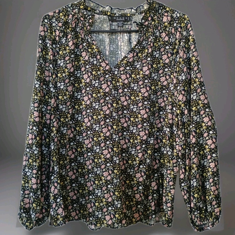 Grace The Perfect Fit Black‎ Floral Long Sleeve Blouse Women's Petite Small